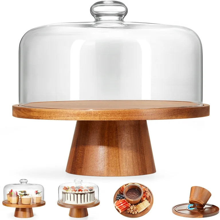 VIVIRBIEN Wood Glass Cake Stand with Dome, 2-in-1 Magnetic Cake Stand with Lid-Multifunctional Ca... | Walmart (US)
