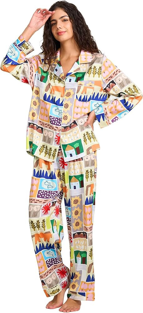 Womens Silk Satin Pajamas Set Button Down 2 Piece Pjs Long Sleeve Oversized Sleepwear with Pocket... | Amazon (US)
