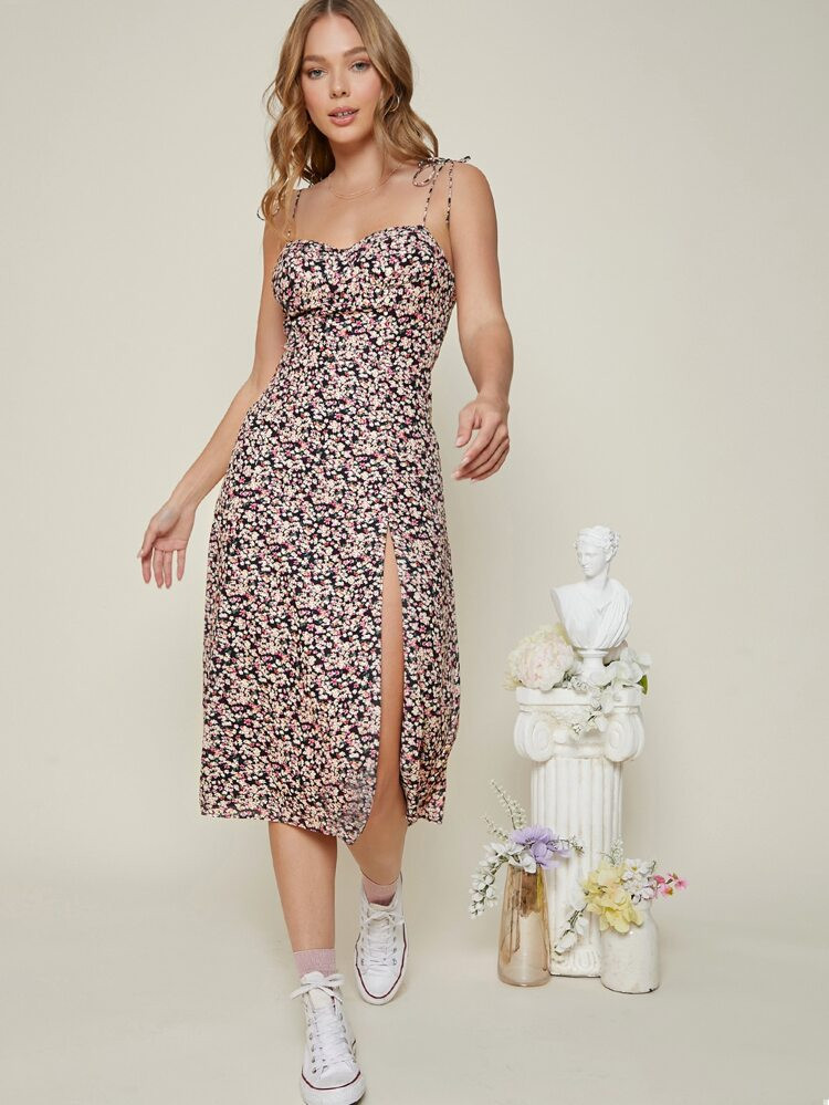 SHEIN Ditsy Floral Bustier-Style Slit Cami Dress | SHEIN