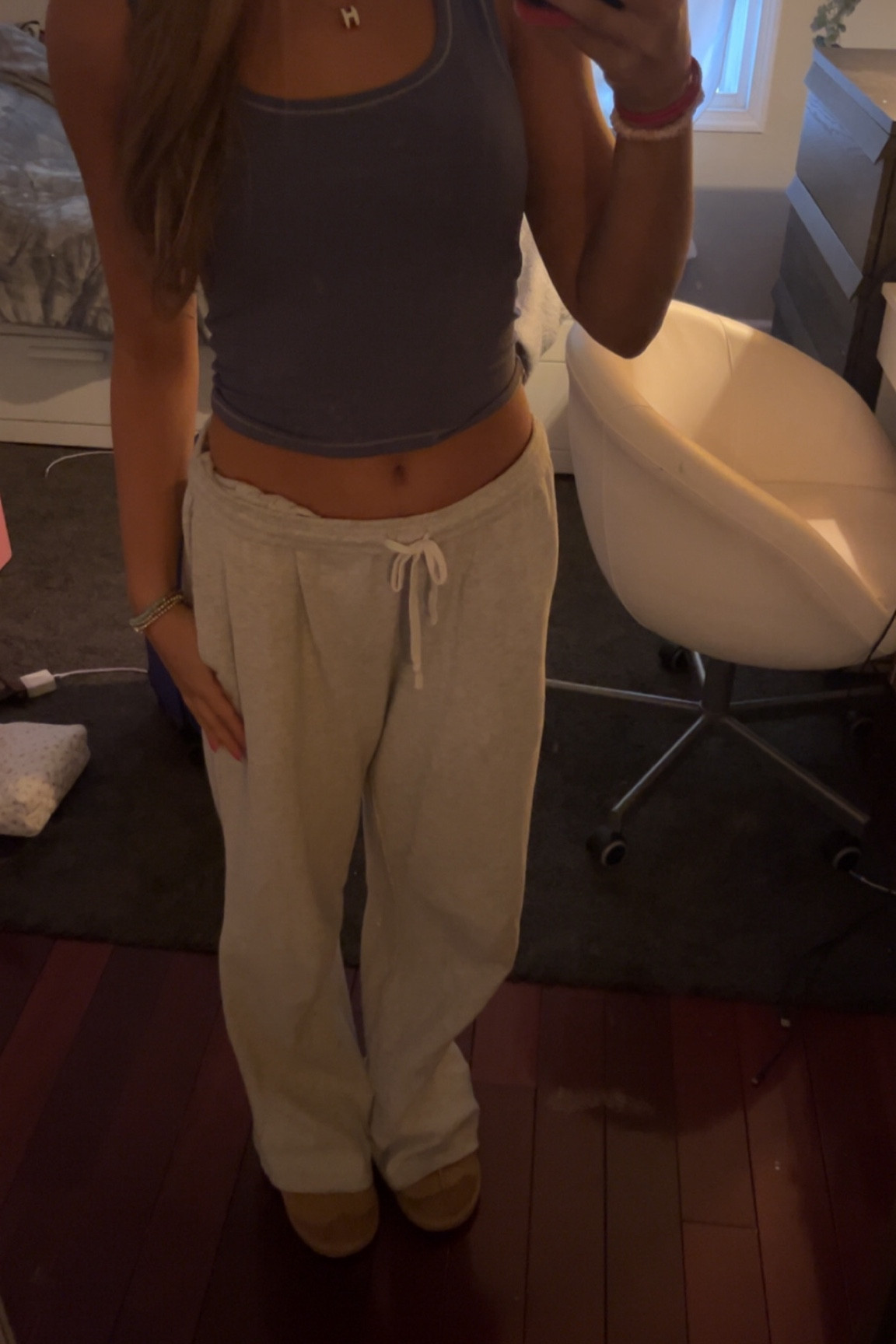 Airport fit!! Skims dupe amazon ribbed tank top, john galt gray waffle sweats mid rise wide leg, hermes dupe amazon necklacee