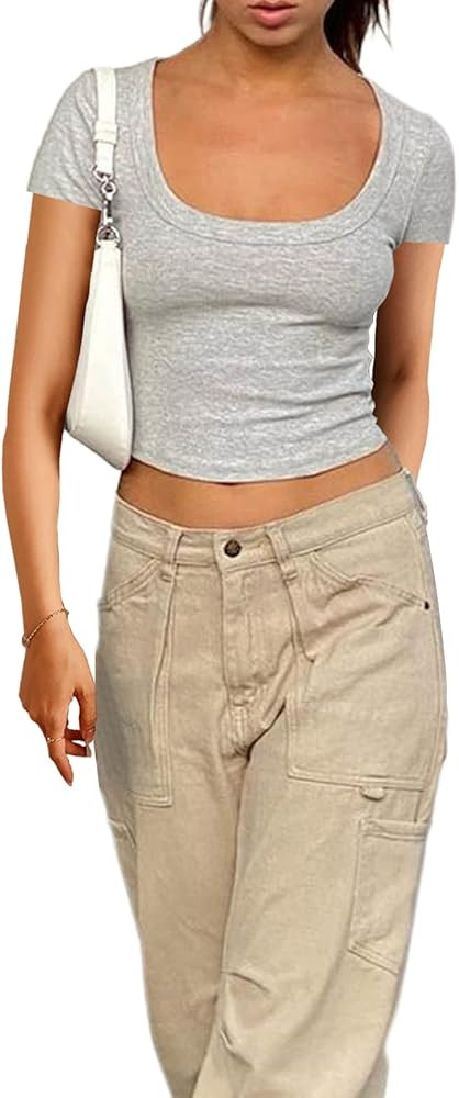 Women's Slim Fit Going Out Crop Tops Casual Solid Color Crew Neck Short Sleeve Tight Tee Shirt Ba... | Amazon (US)