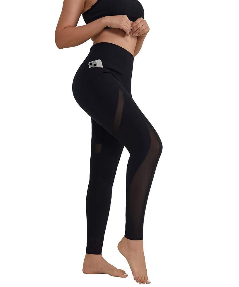 ALONG FIT Women's Mesh Yoga Leggings with Side Pockets Tummy Control Workout Running Capris High ... | Amazon (US)