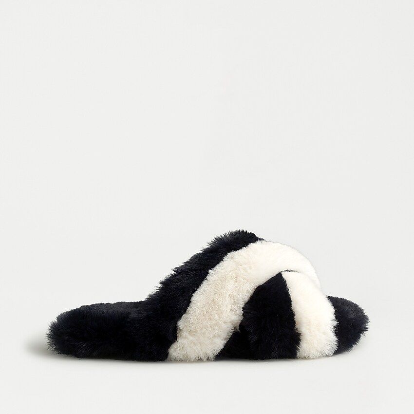 Fuzzy criss-cross slippers in stripe | J.Crew US
