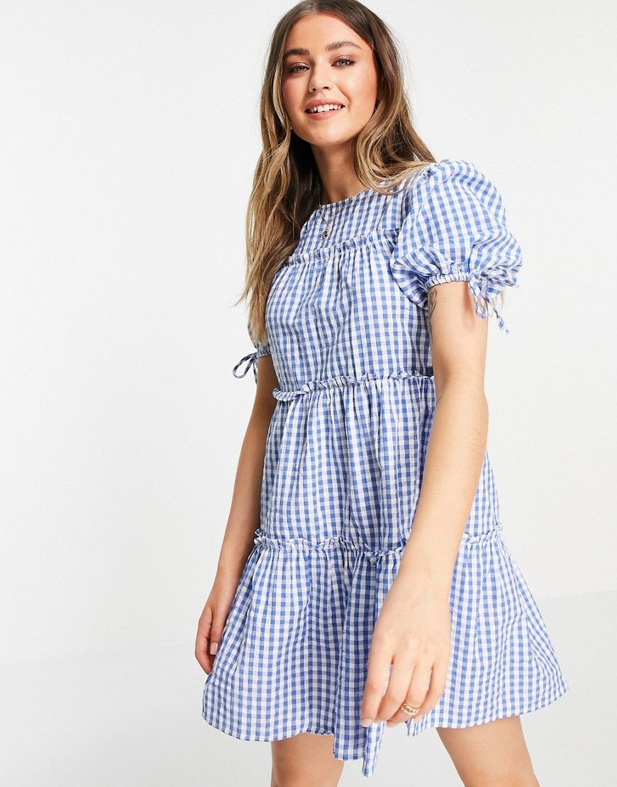 Influence tiered gingham mini dress in blue-Blues | ASOS (Global)