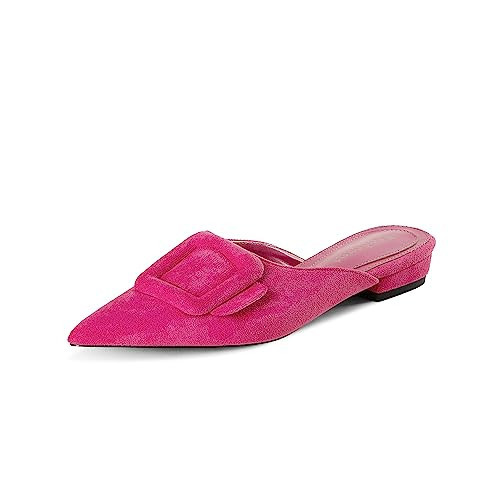 Fericzot Mule Slippers for Women,Slingback Buckle Flat Pointed Toe Backless Mule Slides Suede Slip On Loafers Hot Pink-Flat 6 | Amazon (US)