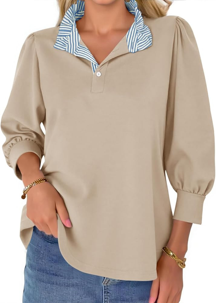 Cicy Bell Womens 3/4 Length Puff Sleeve Tops Dressy Casual Ruffle V Neck Blouses Color Block Loos... | Amazon (US)