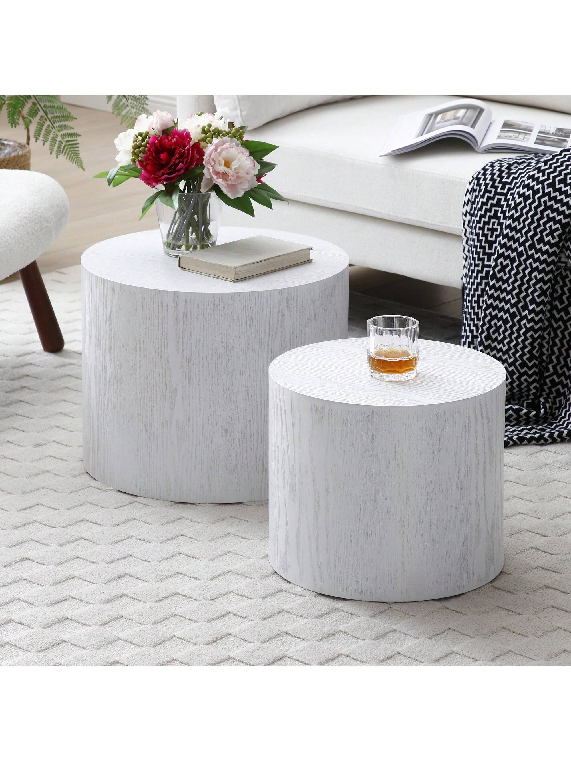 Nesting Coffee Table Set Of 2, Modern Round Coffee Table With Non-Slip Feet, Wooden Circle Accent... | SHEIN