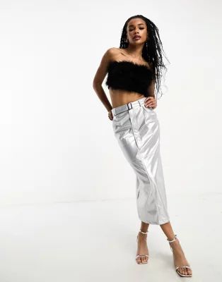 Extro & Vert Petite midaxi leather look skirt in silver | ASOS | ASOS (Global)