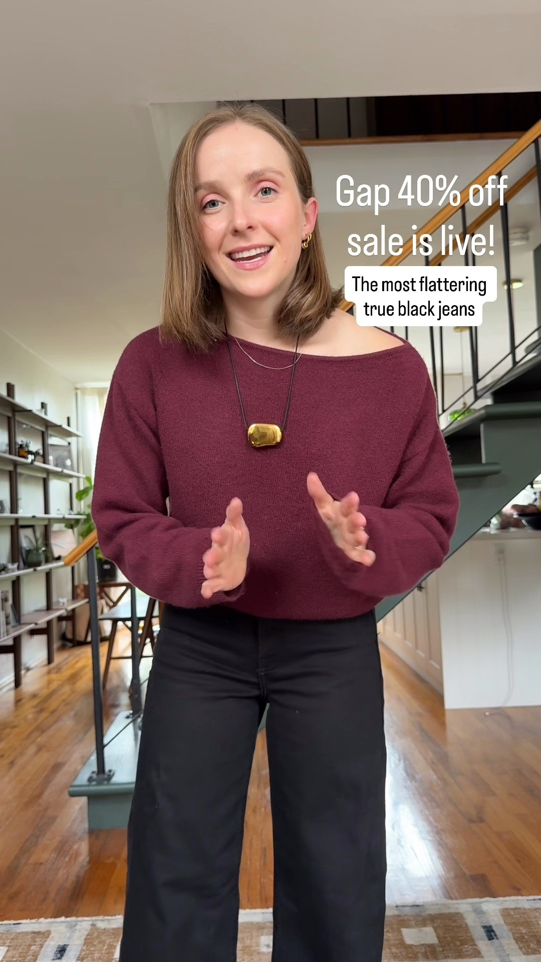 40% off Gap viral stride wide leg jeans 
Run slightly smaller than other stride washes so size up if in between. “Absolute black” wearing 25 short 
Xs off the shoulder merino sweater