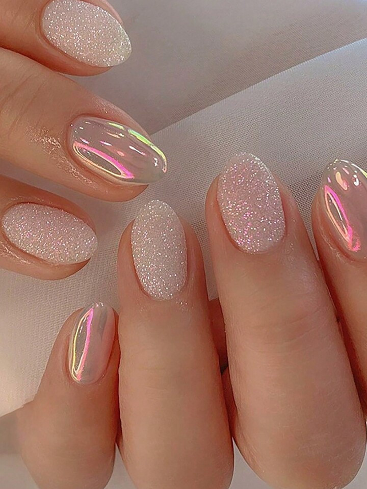 24pcs Short Almond Shaped Aurora Sparkle False Nails - Perfect For Party & Dance Wear (includes J... | SHEIN