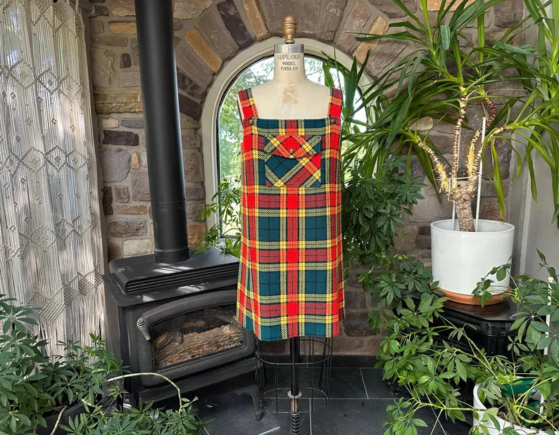 Vintage 1970s Green Red and Yellow Plaid Jumper Dress | Etsy (Global)