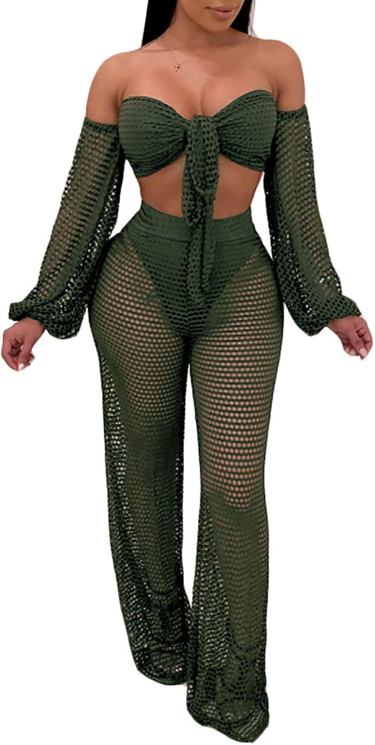 Women Sexy Mesh See Through Crochet Off Shoulder Crop Tops and Legging Pants 2 Piece Bikini Swimsuit | Amazon (US)