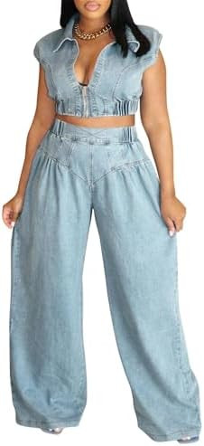 Amazon.com: Cathrosa Women's Two Piece Denim Set Zip Up Tank Crop Top Wide Leg Pants Jeans 2 Piec... | Amazon (US)