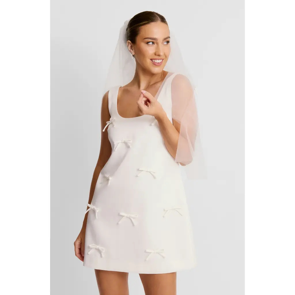 Six Stories Scoop Neck Bow Detail Mini Dress in White at Nordstrom, Size 6 | Nordstrom