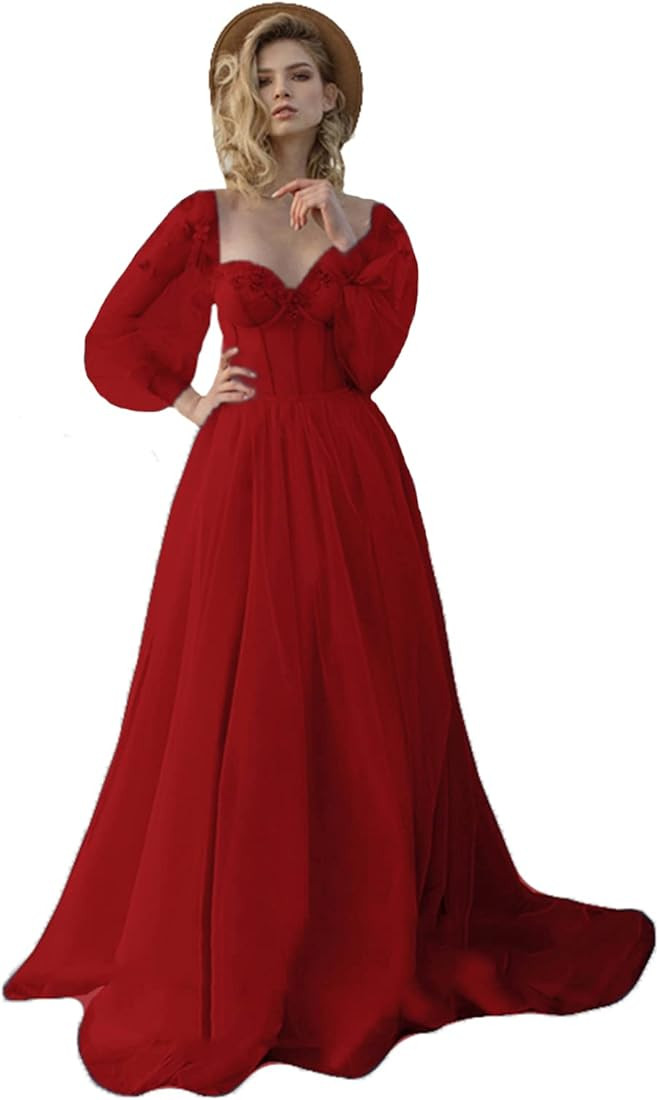 Fanciest Vintage Puffy Sleeve Prom Dresses Ball Gown for Women Formal Long Sleeve Backless Evening G | Amazon (US)