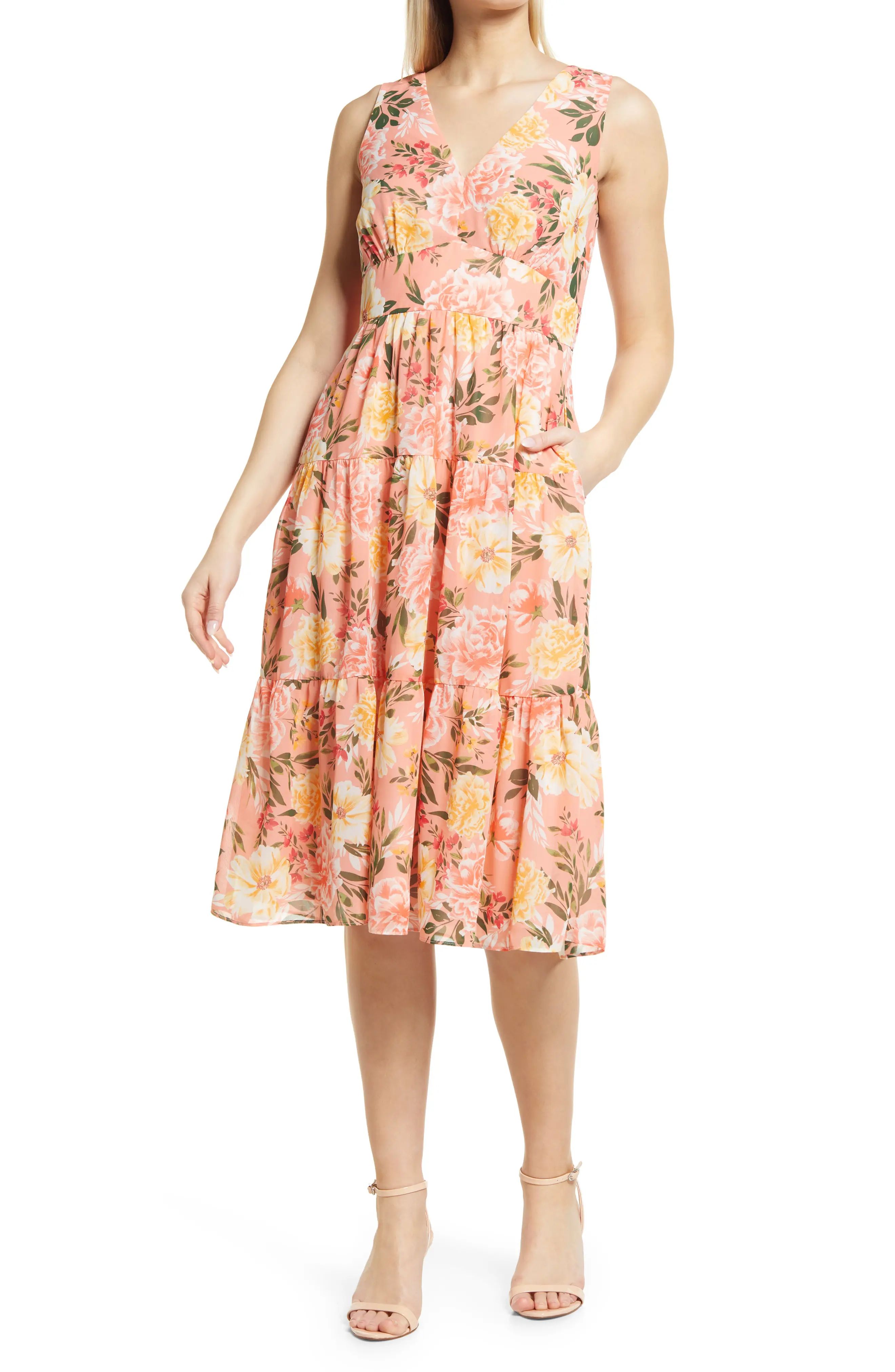 Vince Camuto Floral Sleeveless Tiered Ruffle Midi Dress in Blush at Nordstrom, Size 6 | Nordstrom
