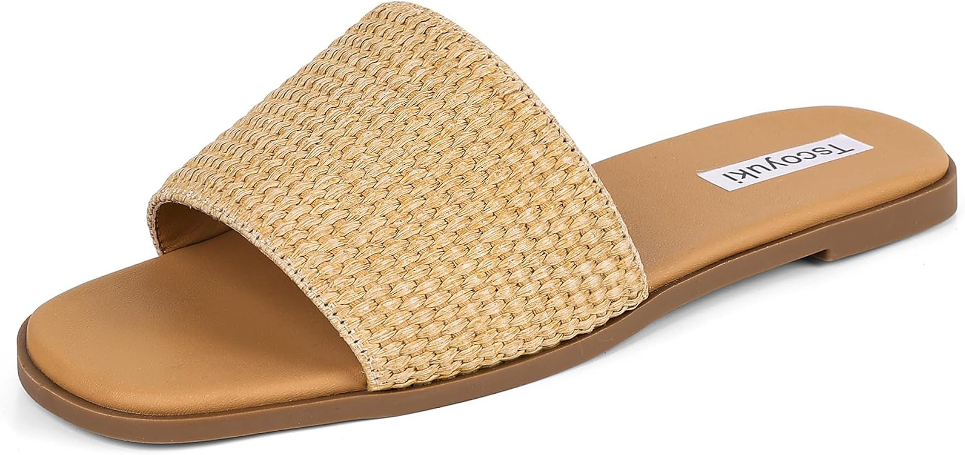 Tscoyuki Women's Raffia Flat Sandals: Open Toe Slip On Beach Slides - Comfort Casual Dressy Summe... | Amazon (US)