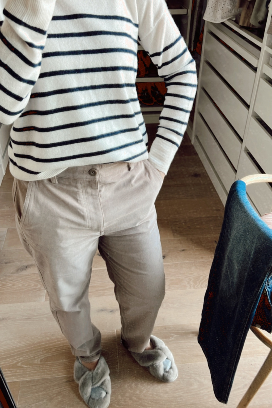 Currently wearing this on repeat: Striped Cashmere Crew-Neck Jumper with corduroy chinos & sheepskin slippers #wfh #wfhoutfit 

#LTKSeasonal #LTKunder100 #LTKworkwear