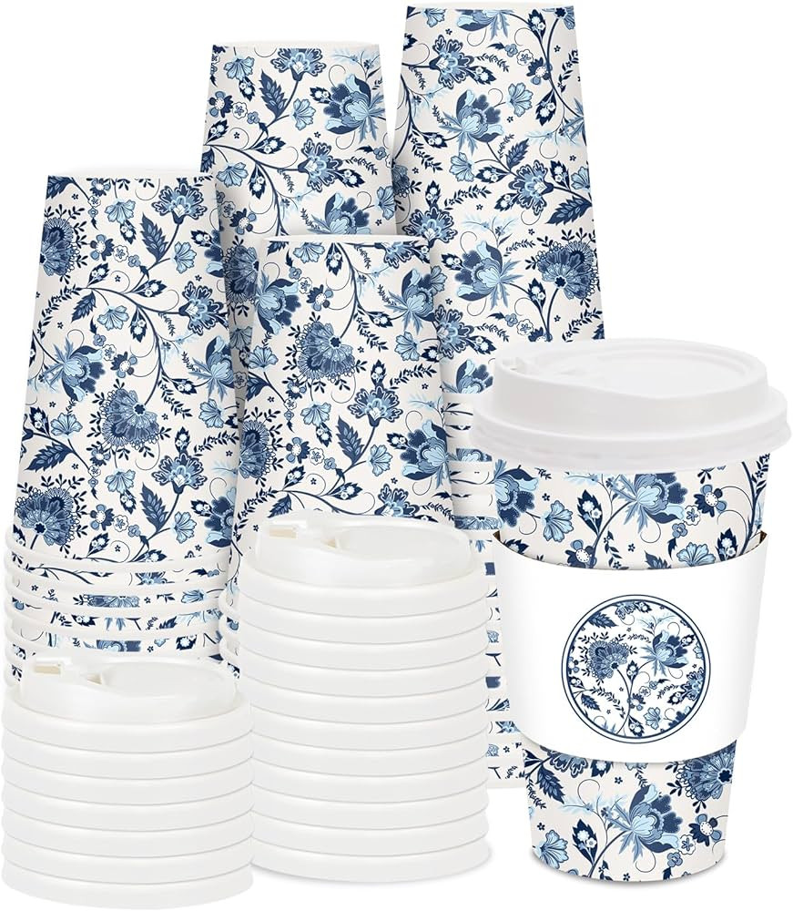 50 Sets Blue Floral Coffee Cups with Lids and Sleeves 16oz Vintage Flower Paper Cups Retro Dispos... | Amazon (US)