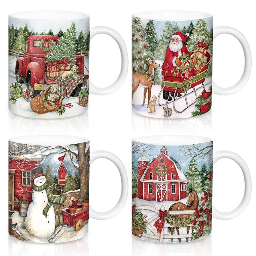 Whaline 4Pcs Vintage Christmas Mug Set 12oz Santa Snowman Coffee Mug Ceramic Xmas Winter Party Cu... | Amazon (US)