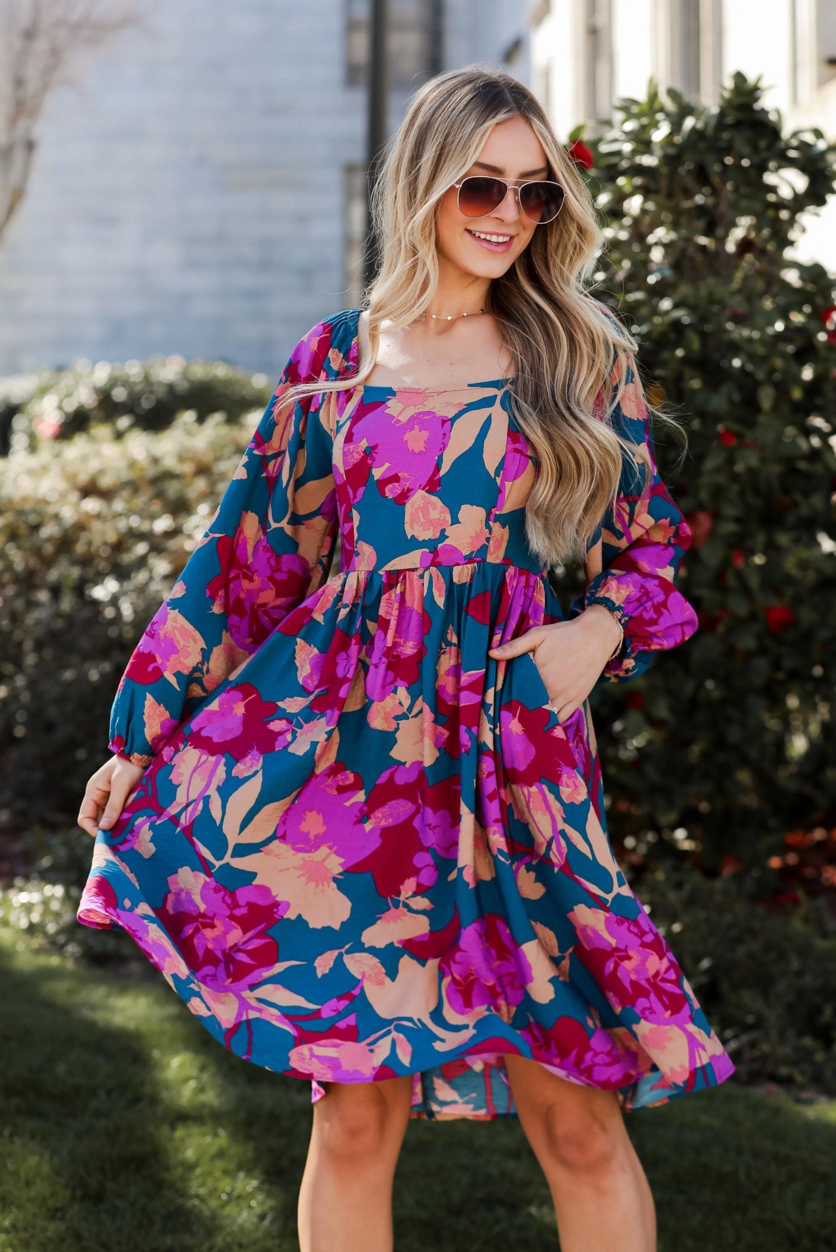 Thriving Blossom Teal Floral Midi Dress | Dress Up