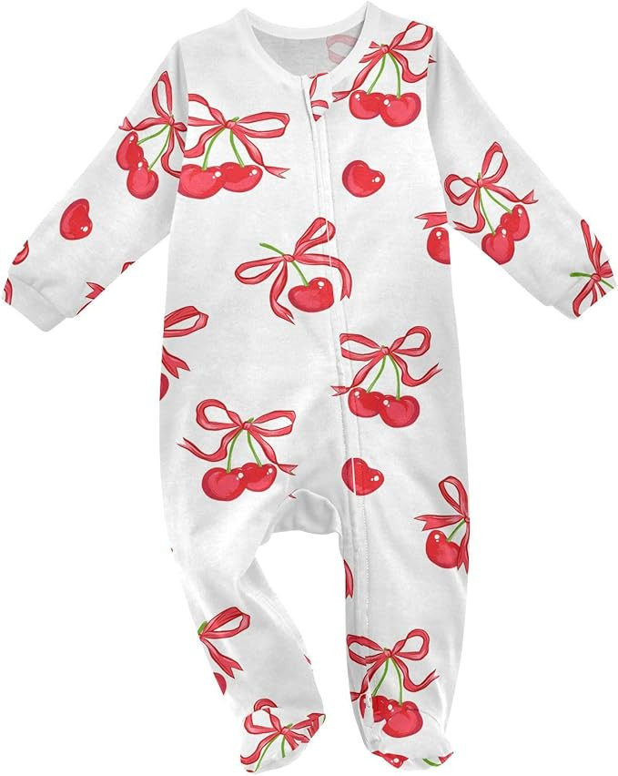Dussdil Red Cherries Ribbon Bows Baby One-Piece Footies Newborn Rompers Pajamas Cotton Footed Pjs... | Amazon (US)
