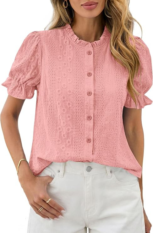 PRETTYGARDEN Womens Embroidered Puff Short Sleeve Tops 2026 Summer Spring Dressy Casual Blouses B... | Amazon (US)