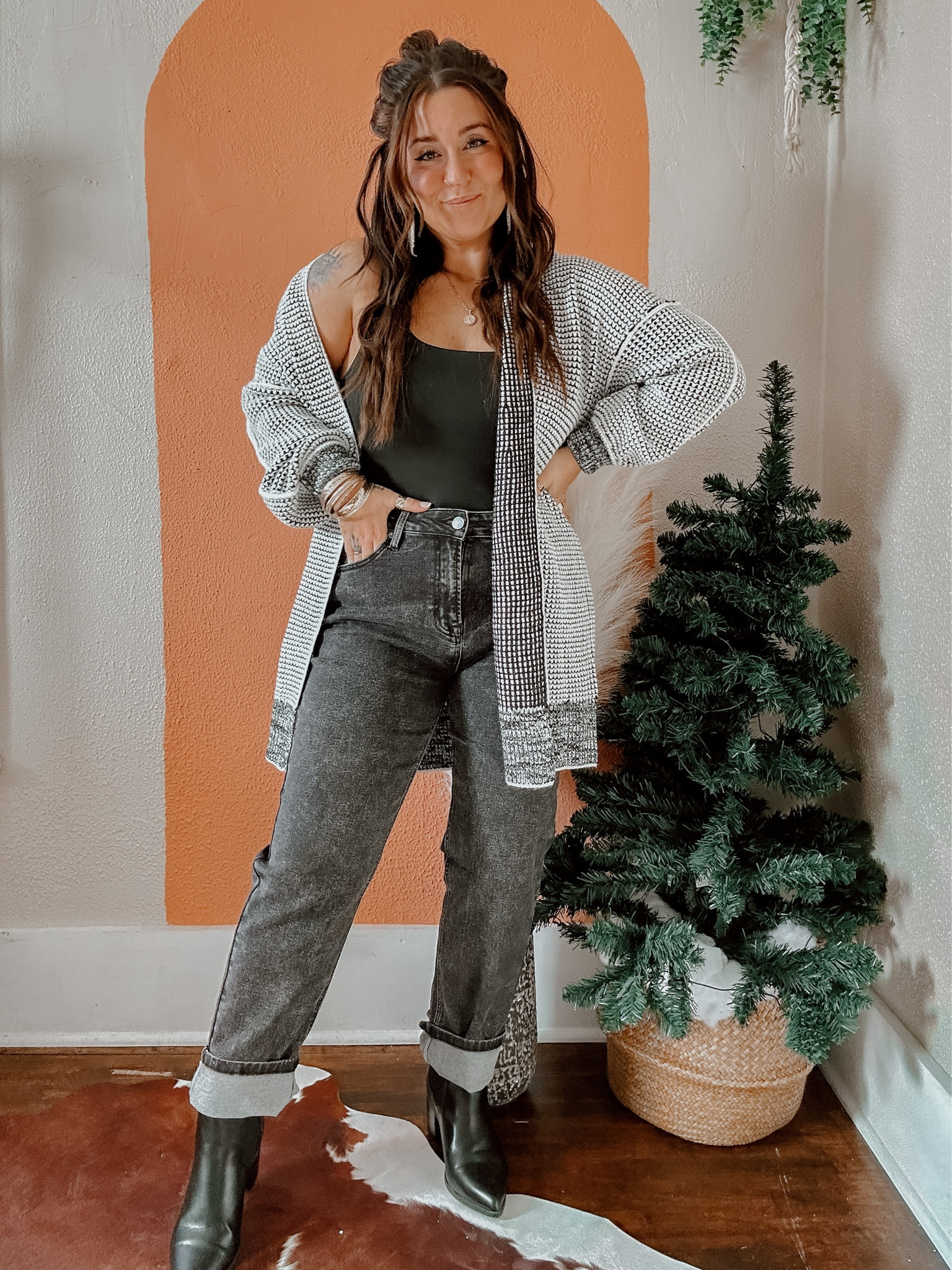 Boho black winter outfit. Boho black fall outfit! Winter casual outfit idea. Date night outfit ideas. Girls night outfit. Tank - medium / cardigan - small / jeans - stretchy fits TTS / booties - fits TTS 

#LTKstyletip #LTKSeasonal #LTKsalealert