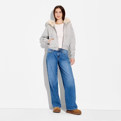 Women's Faux Fur Trim Hooded Zip-Up Sweatshirt - Wild Fable™ | Target