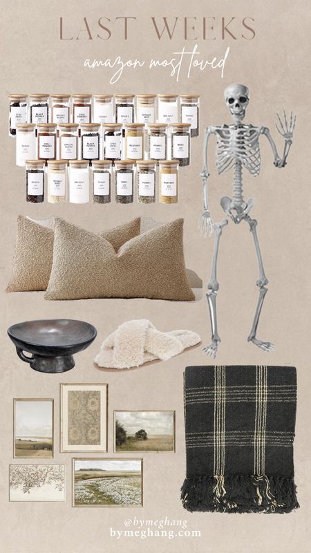 Last weeks amazon most loved! Spice jars that come with the pretty labels, 60 inch posable Skeleton for Halloween, boucle pillow set, black stoneware dish, the coziest slippers, set of canvas prints for under $20, plaid throw perfect for fall decor 

#LTKFind #LTKhome