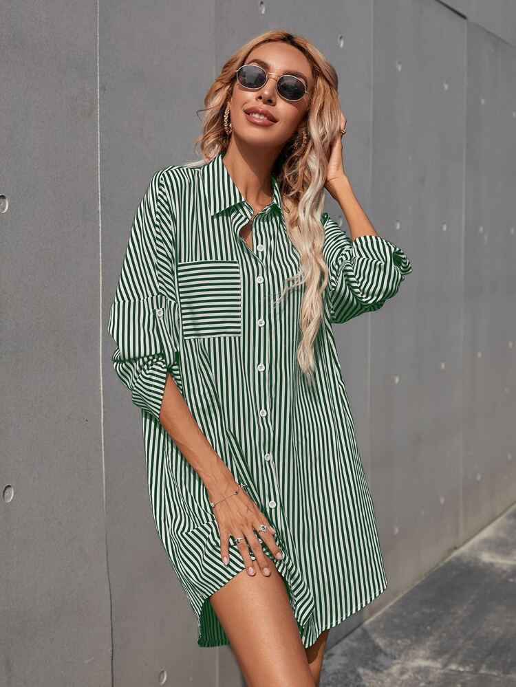 Striped Roll Up Sleeve Shirt Dress | SHEIN