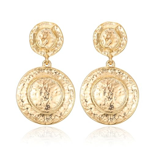 Gold Hammered Earrings for Women, Vintage Disc Earrings Drop Dangle Earrings Jewelry | Amazon (US)