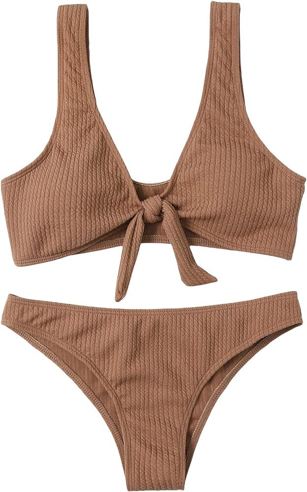 OYOANGLE Women's 2 Piece Textured Knot Front V Neck Bikini Set Swimsuit Bathing Suit | Amazon (US)