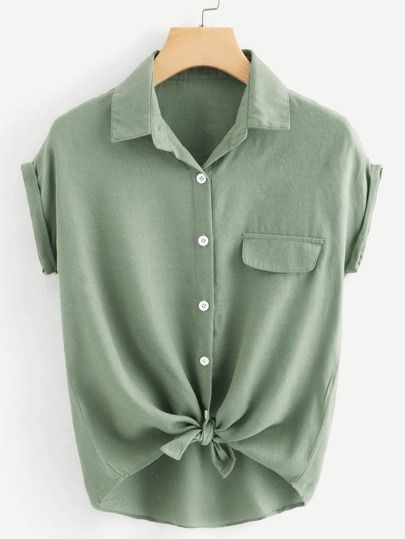 Rolled Cuff Knotted Hem Shirt | SHEIN