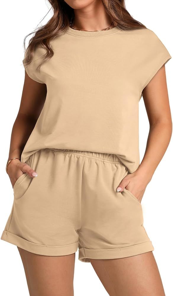 WIHOLL 2 Piece Sets for Women Casual Summer Lounge Set Cap Sleeve Tops and Elastic Waist Shorts T... | Amazon (US)