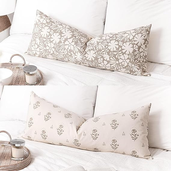 Floral Farmhouse Decorative Throw Pillow Cover 14X36, Taupe Light Brown Block Print Lumbar Throw ... | Amazon (US)
