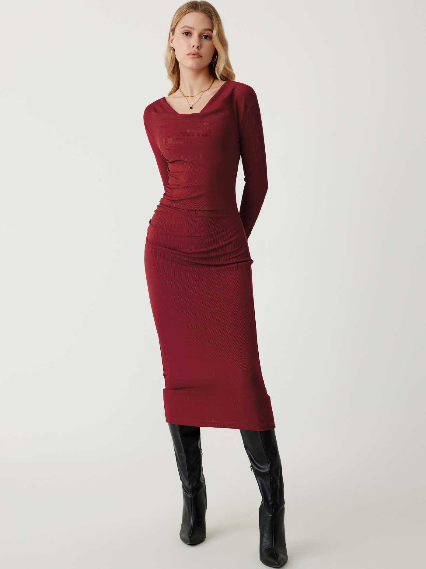 Rib Cowl Neck Solid Ruched Midi Dress | Cider