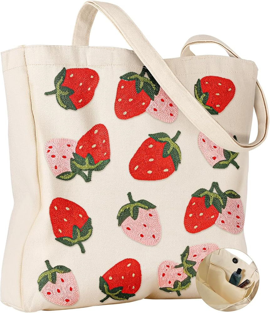 Embroidery Tote Bag with Pocket & Buckle - Reusable Canvas Tote for Women Cute Aesthetic Work Sho... | Amazon (US)