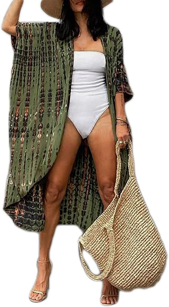 Bsubseach Stylish Tie Dye Open Front Long Kimono Swimsuit Cover up for Women | Amazon (US)