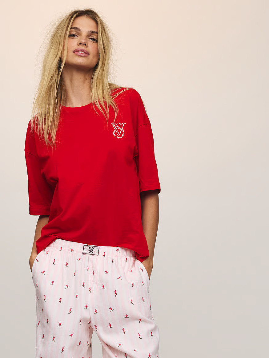 Buy Flannel Short-Sleeve Long Tee-Jama Set, Red - Order Pajamas Sets online - Victoria's Secret U... | Victoria's Secret (US / CA )