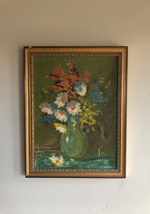 Vintage framed flowers in a vase oil painting | Etsy (US)