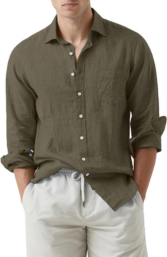 JMIERR Men's Cotton Linen Casual Stylish Button Down Shirt Long Sleeve Dress Shirts | Amazon (US)