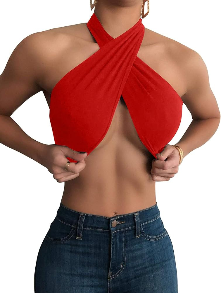 Mokoru Women's Sexy Sleeveless Halter Criss Cross Tank Crop Tops Self Tie Backless Cami | Amazon (US)