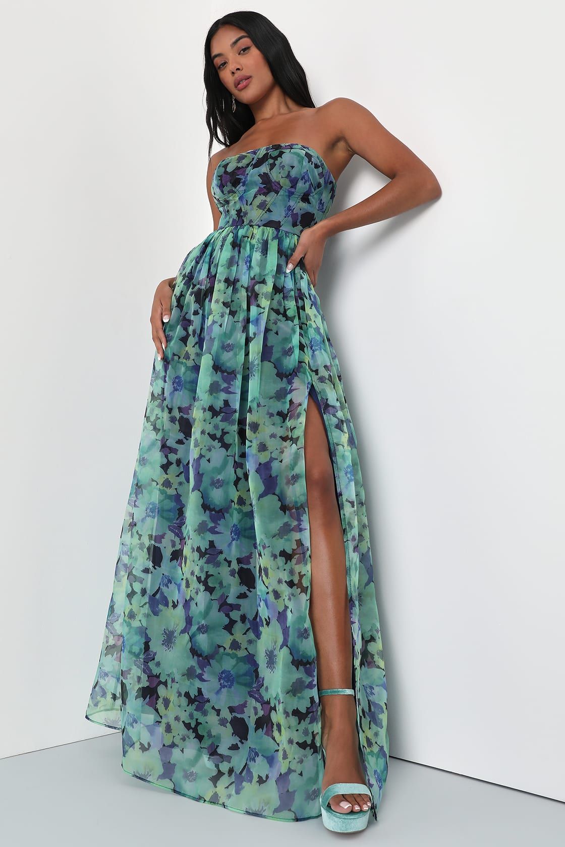 Wonderful Waltz Green Floral Print Strapless Bustier Maxi Dress | Lulus