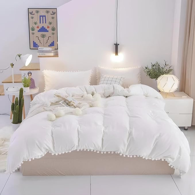 INDACORIFY Modern Home Decor White 100% Cotton Big Pom-Pom Tassle Duvet, Made Bedding Cover with ... | Amazon (US)