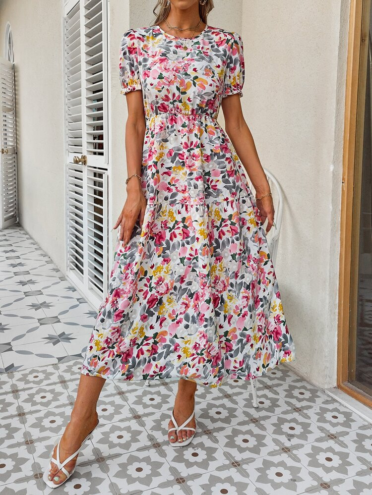 Allover Floral Print Puff Sleeve Ruffle Hem Dress | SHEIN