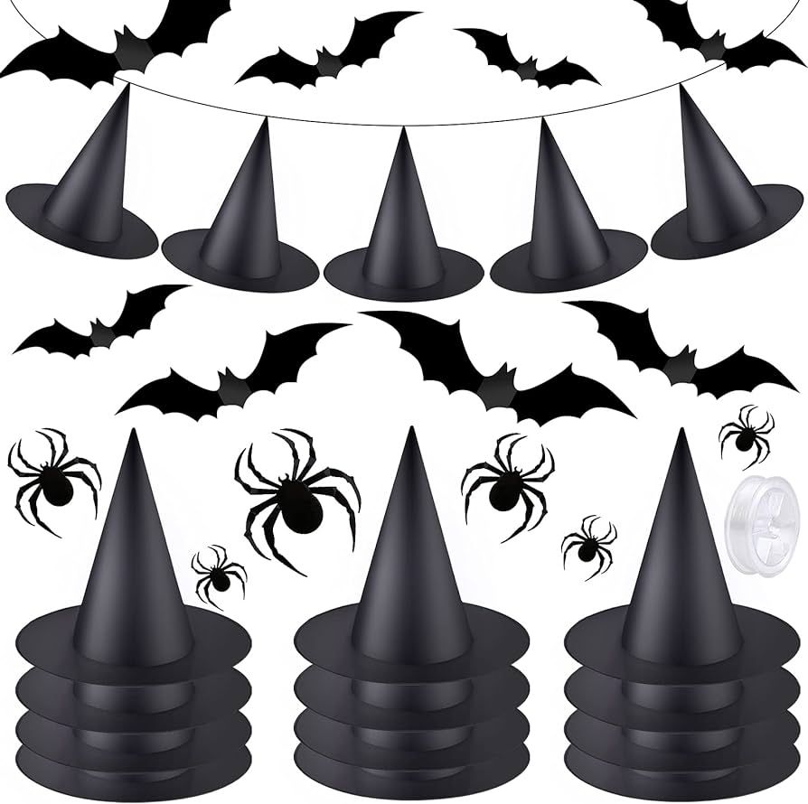 TREWAVE 12PCS Black Halloween Witch Hat with 3D Spider Bat Wall Decal Stickers 100 Yards Hanging ... | Amazon (US)