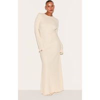 Plus Cream Crinkle Textured Lettuce Hem Long Sleeve Maxi Dress | PrettyLittleThing US