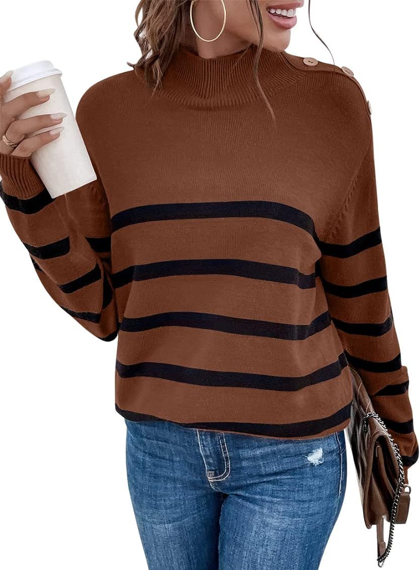 LONGYUAN Women Fall Turtle Necks Striped Knit Sweater Long Sleeve Casual Pullover Color Block Tops 2 | Amazon (US)