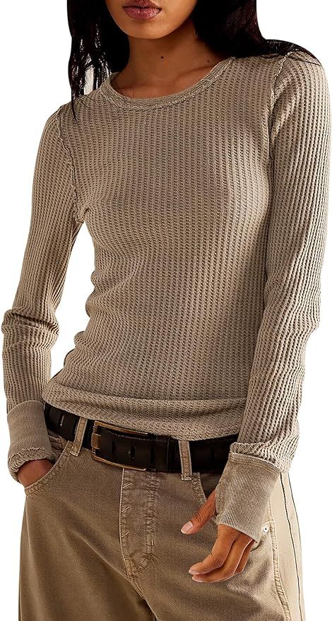 Women's Waffle Knit Tops Long Sleeve Shirts Casual Slim Fitted Crew Neck Pullover Shirts | Amazon (US)